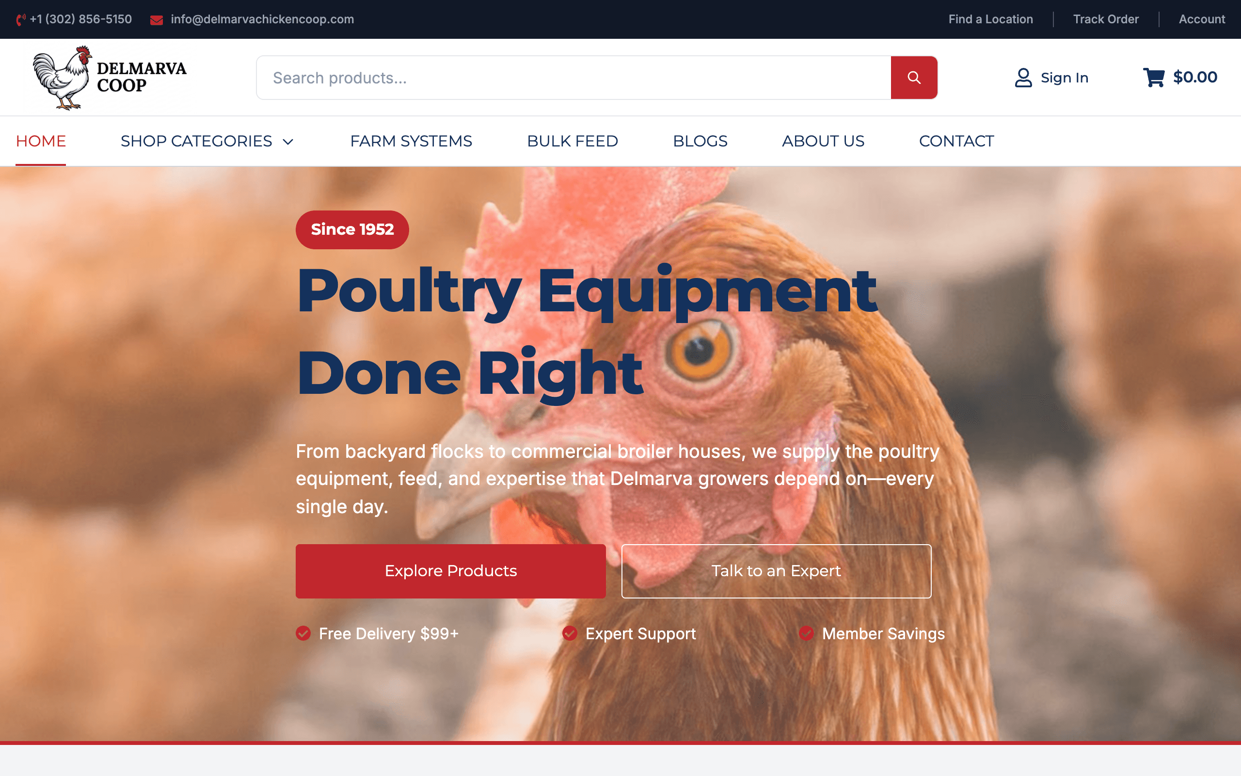 Delmarva Coop ecommerce storefront showing poultry equipment and product discovery