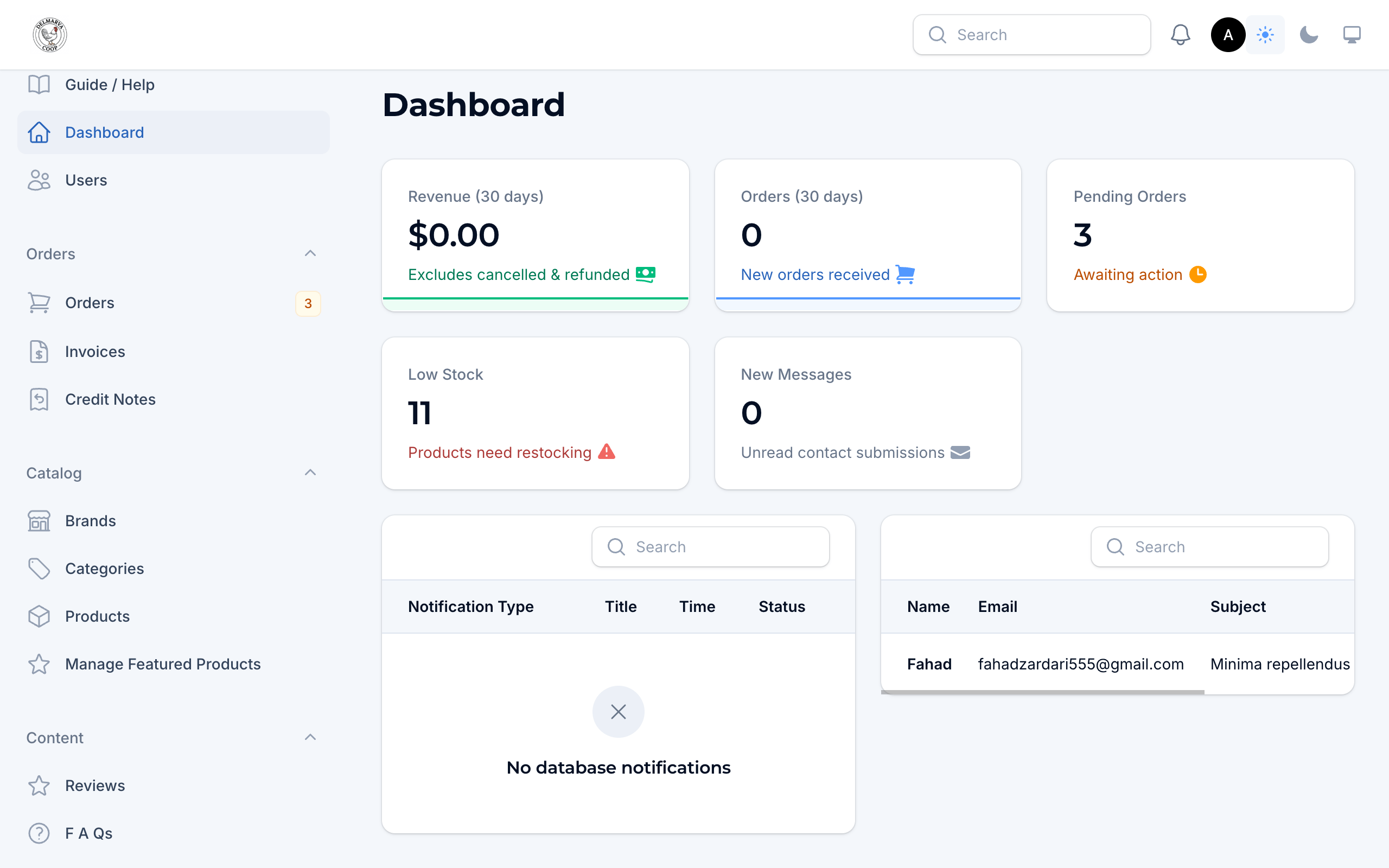 Delmarva Coop administration dashboard with order, catalog and content controls